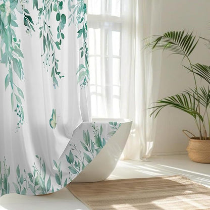 No Hook Shower Curtain and Liner Set, Teal Eucalyptus Floral Shower Curtains for Bathroom, Bath Curtain Sets with Snap in Liner, Waterproof with See Through Top Window, 71x77 Inches