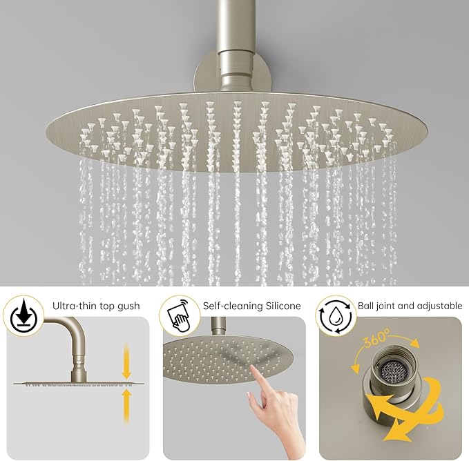 BESy Shower System with 10 Inch Round Rain Shower Head and Handheld Wall Mounted, High Pressure Rainfall Shower Faucet Fixture Combo Set with 2 in 1 Handheld Showerhead for Bathroom, Brushed Nickel