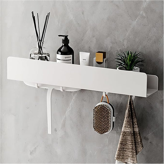 REKITA No Drill Shower Shelf Organizer, 40cm Stainless Steel Bathroom Storage with 4 Removable Hooks, Adhesive Wall Mounted Shower Caddy, Rustproof Bath Shelf for Bathroom Kitchen Living Room