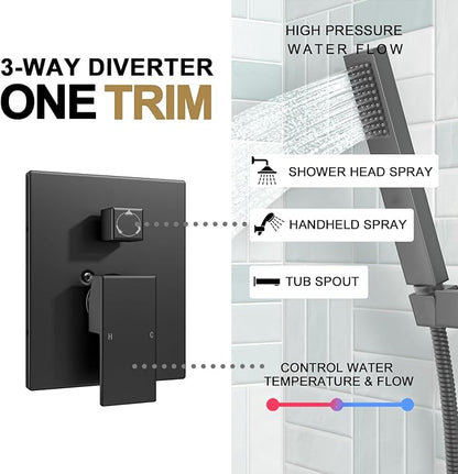 Lava Odoro Modern 3-Setting Square Shower and Tub Faucet Set with Shower Head and Handheld Sprayer Black, Rainfall Shower System with Tub Spout, Shower Valve Trim Kit, Matte Black, SF103-MB-T