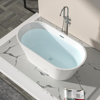 Logmey 59" Acrylic Freestanding Bathtub White Oval Shape Soaking Tub with Chrome Drain & Overflow Assembly for Classic Modern Bathrooms