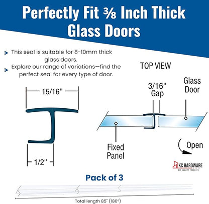 Frameless Shower Door Side Seal Strip H-Type 180 Degree 85 inches Length, Clear (3, 3/8 inches Glass)
