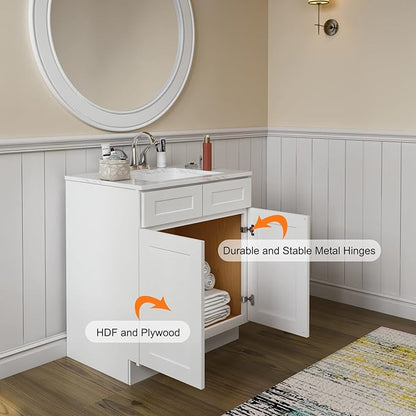 ROOMTEC Bathroom Cabinet, 30'' Free Standing Single Bathroom Vanity with 2 False Drawers and 2 Doors,Morden Bathroom Sink Vanity Storage Cabinet, Shaker White