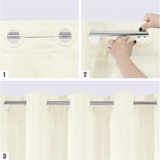 MitoVilla No Hooks Needed Extra Long Shower Curtain Liner Set, Ivory 86 inch XL Heavyweight Waffle Fabric Cloth Shower Curtains Set with Snap-in Liner for Modern Luxury Hotel & Spa Bathroom Decor