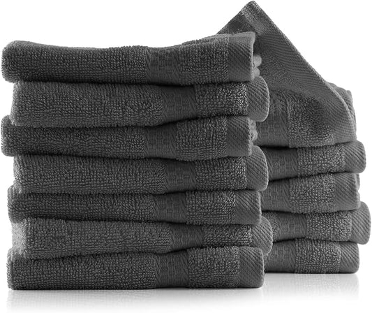 Hearth & Harbor Washcloths 12 Pack - 100% Cotton Washcloth for Body and face, High Absorbent and Soft 13"x13" Body Wash Cloth, Quick Dry - Dark Grey Washcloths