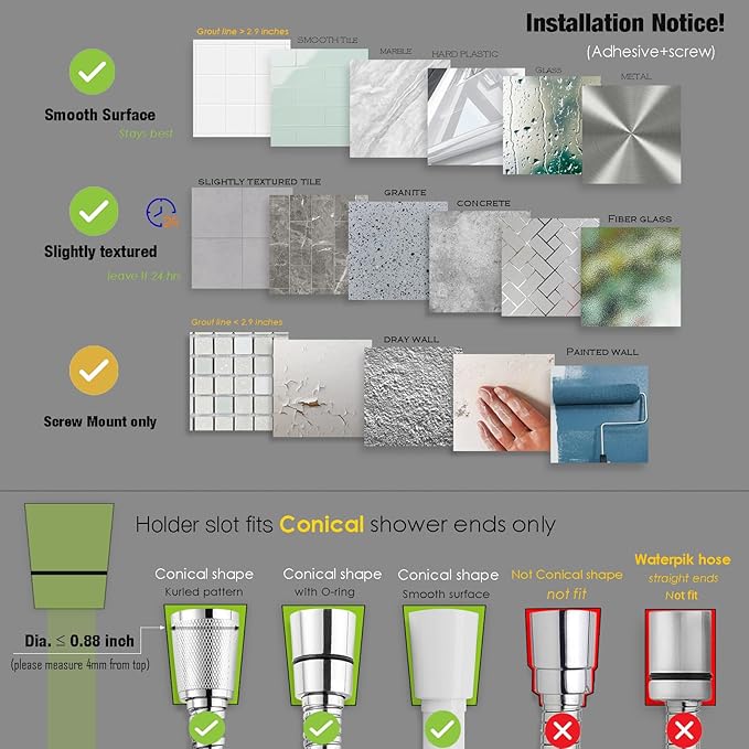 Handheld Shower Head Holder - 5 Positions Adjustable - Concealed Adhesive Mount with Screw Option- Bathroom Wall Mount Shower Hose Holder (Matte Black)