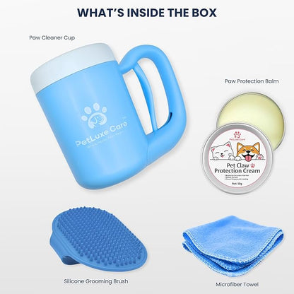 Dog Paw Washer Kit - Includes Paw Cleaner Cup, Towel, Pet Bath Brush & Moisturizing Balm - Dog Foot Washer for Muddy Paws, ideal for Small & Medium Dogs (Blue, Medium)