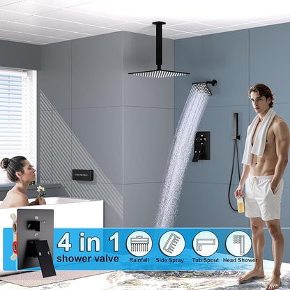 ENGA Shower System with Tub Spout, Bathtub Shower Faucet Combo Set - 10" & 6" Square Rain Shower Heads with 2 in 1 Handheld Spray, 4 Way Water Diverter, Matte Black