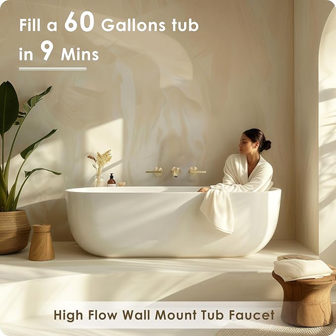 Wall Mount Tub Faucet, High Flow Solid Brass Brushed Gold Bathtub Faucet, 2 Handles Tub Filler with 8" Spout Reach, Rough-in Valve Included