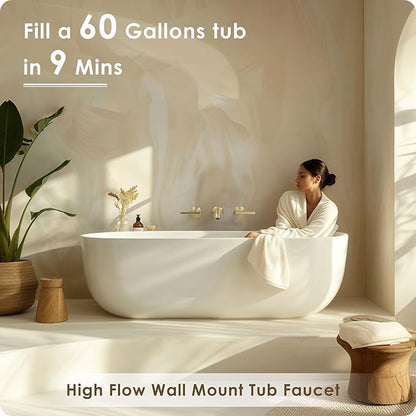 Wall Mount Tub Faucet, High Flow Solid Brass Brushed Gold Bathtub Faucet, 2 Handles Tub Filler with 8" Spout Reach, Rough-in Valve Included