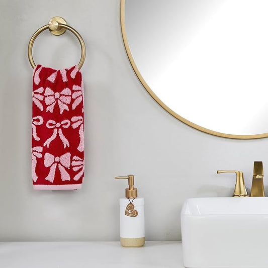 SKL Home Bow Jacquard 100% Cotton Premium 2-Piece Hand Towel Set, 500 GSM, Reversible, Soft & Absorbent, Everyday/Christmas/Winter/Valentine's, Decorative for Bath/Kitchen/Bar, Red/Pink
