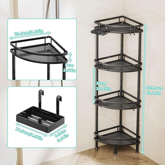 HapiRm Standing Corner Shower Caddy - 4 Tier Shower Organizer Corner with Soap Holder and 4 Hooks, Rustproof Bathroom Storage Shelves with Adhesives, Black