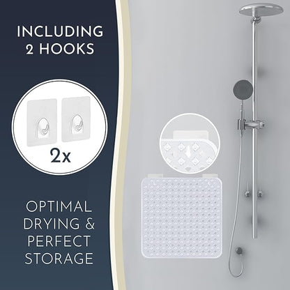 homerella® Shower Mat Non Slip Anti Mold, Non Slip Shower Mats for Inside Shower Stall Anti Slip Mat, Square Shower Floor Mat 21 x 21 in with Suction Cups & Hooks for Quick Drying, Machine Washable