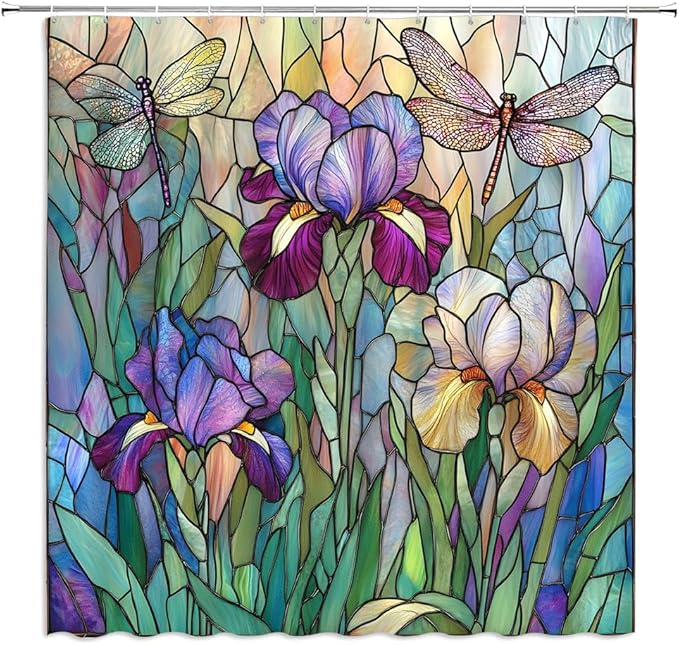 Stained Glass Shower Curtain Artistic Iris Dragonfly Purple Floral Green Leaves Abstract Nature Plant Spring Summer Modern Botanical Fabric Bathroom Decor Curtains with Hooks,70 x 82