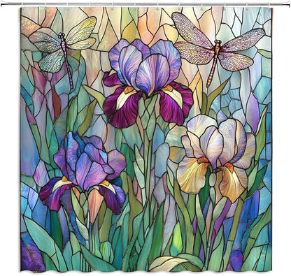 Stained Glass Shower Curtain Artistic Iris Dragonfly Purple Floral Green Leaves Abstract Nature Plant Spring Summer Modern Botanical Fabric Bathroom Decor Curtains with Hooks,90 x 70