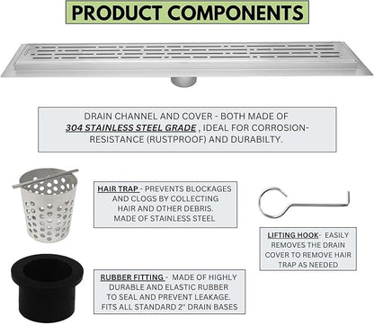 SereneDrains 304 Stainless Steel Brushed Nickel Linear Shower Drain Kit Broken Lane Linear Shower Drains for Tile Floor Long Hair Catcher Strainer Grate Cover Bathroom (Brushed Nickel, 30 Inch)