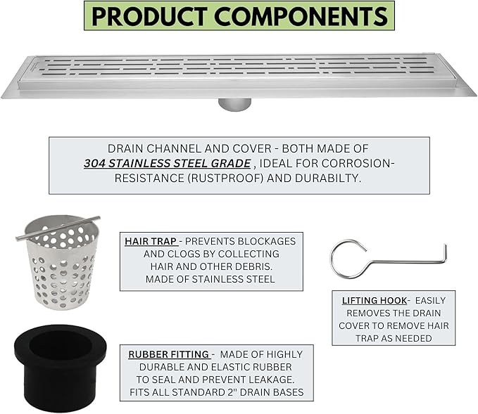 SereneDrains 304 Stainless Steel Brushed Nickel Linear Shower Drain Kit Broken Lane Linear Shower Drains for Tile Floor Long Hair Catcher Strainer Grate Cover Bathroom (Brushed Nickel, 90 Inch)