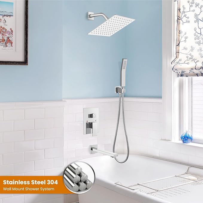 gotonovo Shower System with Tub Spout Wall Mounted Rain Shower Head and Handle Combo Shower Faucet Set with Valve, 8 Inch, Polish Chrome