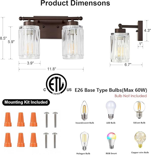 2 Light Bathroom Light Fixtures Modern ORB 12 Inch Vanity Lights for Bathroom Lighting Fixtures Over Mirror with Thickened Glass Shade for Cabinet Mirror Bedroom Hallway
