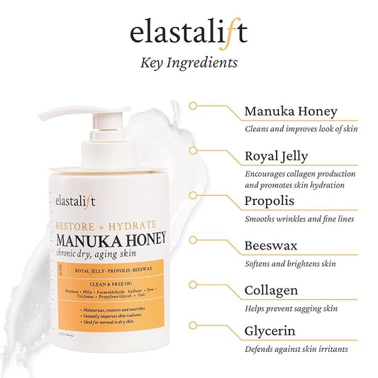 Elastalift Collagen Cream + Manuka Honey Cream Body Lotion & Face Moisturizer Skin Care Bundle For Women & Men | Skin Tightening Collagen Firming Lotion For Crepey Skin, Dry Skin, & Wrinkles, 2PC Set