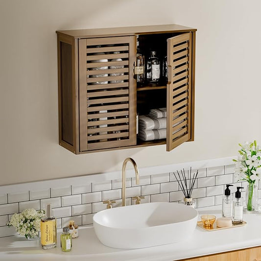 HITNET Medicine Cabinet, Bathroom Storage Cabinet Wall Mounted, Over The Toilet Space Saver Organizer with Doors and Bamboo Shelves, Walnut