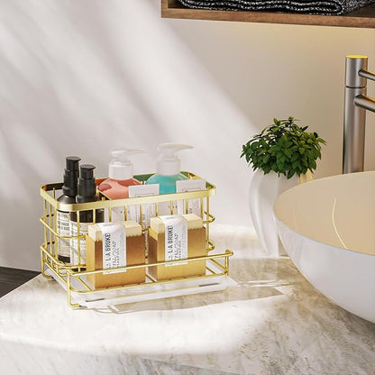 HapiRm Multifunctional Kitchen Sink Organizer with Removable Drain Tray, Quick Draining Rustproof Sink Caddy, Stainless Steel Kitchen Sponge Holder for Holds Sponge, Cleaning Towel and Scrubber - Gold