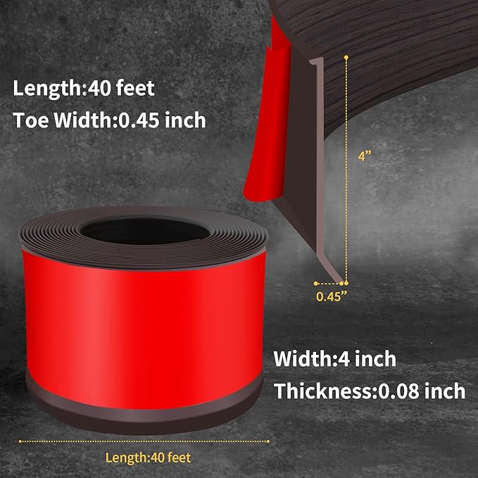 Flexible Baseboard Molding Trim 4 Inch Self-Adhesive Vinyl Wall Base Peel and Stick Cove Base Rubber Wall Baseboard Moulding Trim (40Ft, Dark Walnut Wood Grain)