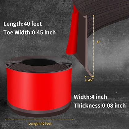Flexible Baseboard Molding Trim 4 Inch Self-Adhesive Vinyl Wall Base Peel and Stick Cove Base Rubber Wall Baseboard Moulding Trim (40Ft, Dark Walnut Wood Grain)