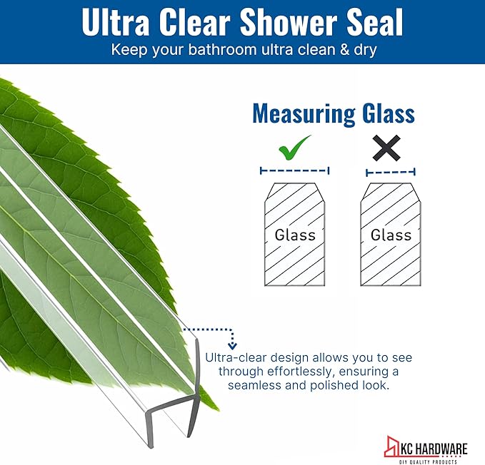 KC Hardware 85 Inch Frameless Shower Door Side Seal Strip, H-Type Glass Shower Door Seal Strip (180 Degree) for 1/2 Inch(10-12mm) Thick Glass, Water Guard That Prevents leaks, Ultra Clear (Pack of 3)