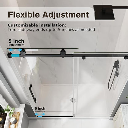 Frameless Glass Shower Door, 49-54" W x 76" H Sliding Frameless Shower Door, 1/4''(6mm) SGCC Tempered Glass,Explosion-Proof Film Nano Coating,Stainless Steel Hardware, Matte Black