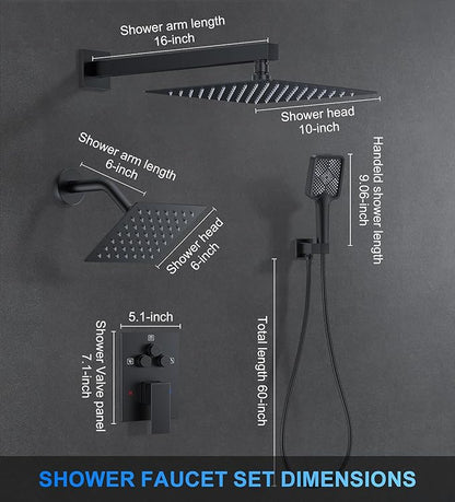 Shower Faucet Set, 10" Wall Mount Rainfall Shower System with 2 Rain Shower Head and Multi-function Handheld Head Push Button Diverter Shower Faucet Trim Kit Matte Black