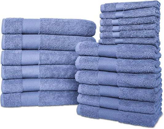 Hencely 18-Piece Bath Towel Set - High Absorbency, Quick Drying - 100% Soft Turkish Cotton - 6 Bath Towels, 6 Hand Towels, 6 Washcloths - Bathroom, Home, Hotel, Spa, and Gym - 18-Pack Blue