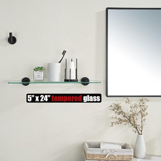 JQK Bathroom Glass Shelf Black, Tempered Glass Shower Storage 24 by 5 inches, 304 Stainless Steel Matte Black Wall Mount, TGS101L24-PB