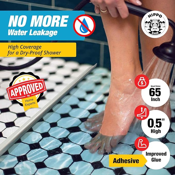 Shower Threshold Water Dam Barrier - White Collapsible Shower Water Blocker - Guard for Walk in Shower - Water Guard Stopper for Floor - Shower Door Water Blocker - By Hippo Dam (65 In, White)