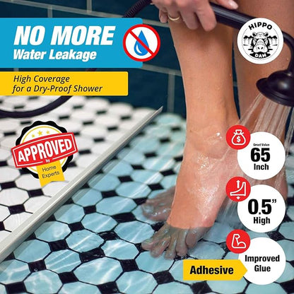 Shower Threshold Water Dam Barrier - White Collapsible Shower Water Blocker - Guard for Walk in Shower - Water Guard Stopper for Floor - Shower Door Water Blocker - By Hippo Dam (65 In, White)