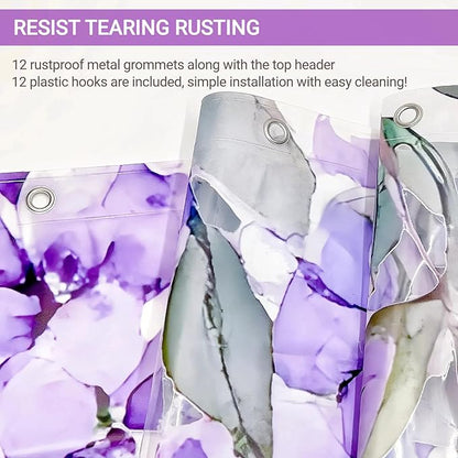 Clear Purple Floral Lavender Butterfly Shower Curtain, Plastic Transparent Cute Pretty Flower Decorative Aesthetic Shower Curtains for Bathroom, 72x72 Weighted Magnetic Shower Curtain Liner with Hooks