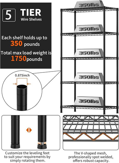 5 Tier Heavy Duty Adjustable Storage Shelf Organizer Storage Metal Shelves Garage Wire Shelving Unit Pantry Rack 18" D x 36" W x 71.25" H,Black