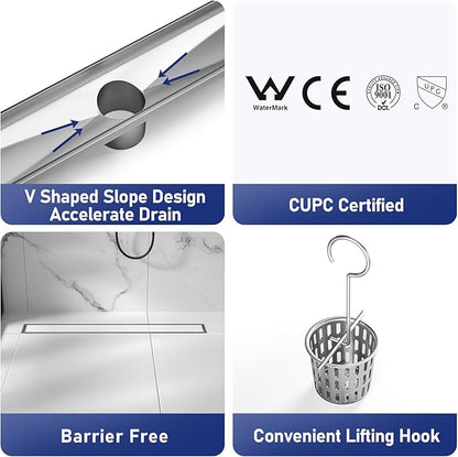 Linear Shower Drain 24", Brushed Floor Drain with Tiled Insert Grate & Hair Strainer, 304 Stainless Steel Bathroom 2-in-1 Tiled in Drain, CUPC Certified (Brushed, 24'')