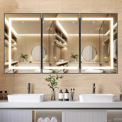 APRILSOUL 60X32 Inch Black Bathroom Medicine Cabinet with Mirror, Recessed or Surface Lighted Medicine Cabinet with 3 Colors Temperature, Dimmable Light