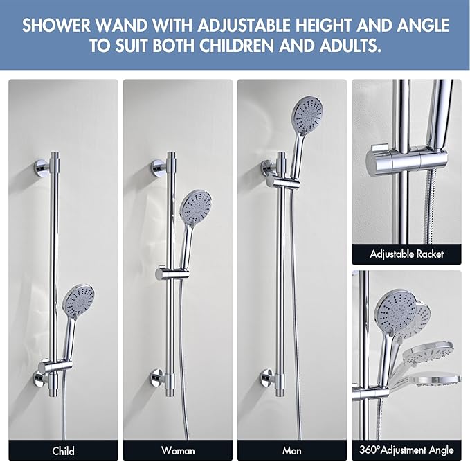 Adjustable Shower Slide Bar with 5-Function Handheld Shower Head, Stainless Steel Grab Slide Bar Combo with Extra Hose (Chrome)