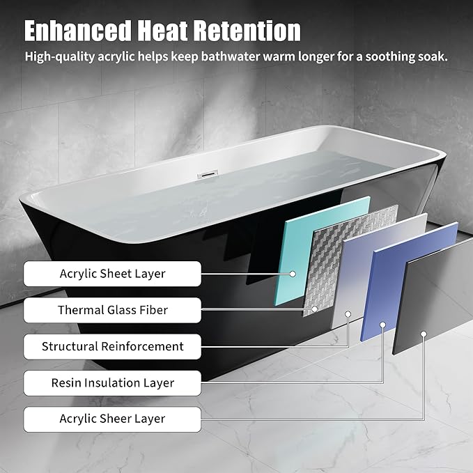 67 Inch Freestanding Acrylic Bathtub, Modern Black Soaking Tub with Chrome Overflow & Drain, CUPC Certified, Deep Soaking Design for Luxurious Spa Experience, Contemporary Bathroom Centerpiece