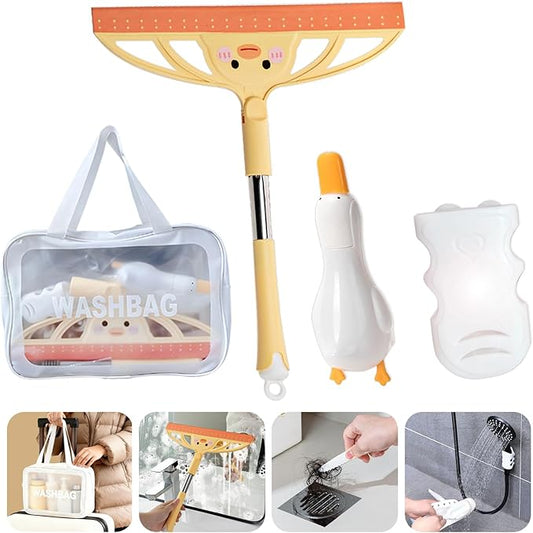 3-in-1 Bath&Kitchen Cleaning Set,Waterproof Bag, Multi-Purpose Glass Squeegee,Hair Catcher,Suction Cup Shower Head Holder for Deep Cleaning Kitchen, Bathroom, Glass, Grout, Sink, Corner, Tight Spaces