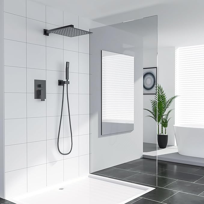 Lordear Rain Shower System 12 Inch Shower Head Faucet Set Matte Black Stainless Steel Square Wall Mounted Rainfall Shower Head with Handheld, Solid Brass Valve Included