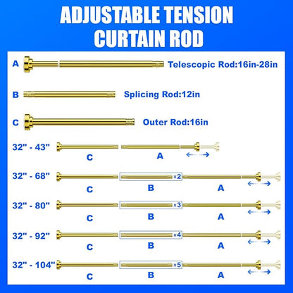 Ausemku Shower Curtain Rod - 32-92 Inch Rustproof Tension Rod, Non-Slip Spring Design, No Drilling Adjustable Curtain Rod for Bathroom, Kitchen, and Closet（Gold）