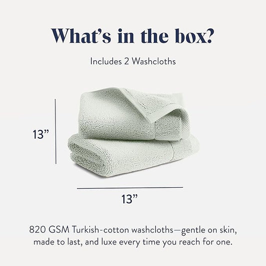 Brooklinen Super-Plush Turkish Cotton Washcloths - Set of 2 - Cotton, 820 GSM, Highly Absorbent, Machine Washable, Perfect for Home & Bathroom (13" x 13", Aloe Green)