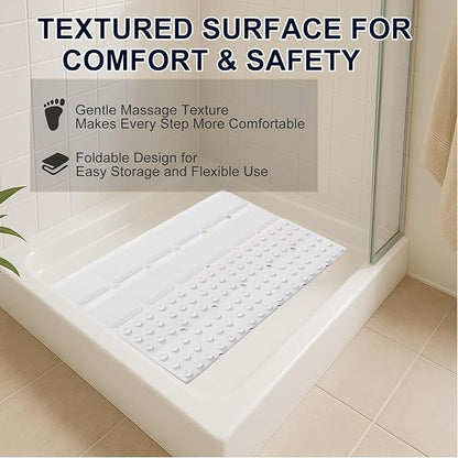 Anti Slip Shower Mat for Tub & Shower Stall, 21" x 21" Square Silicone Bathtub Mat with Powerful Suction Cups, Fast-Draining, Machine Washable Soft Foldable Bathroom Mat, White