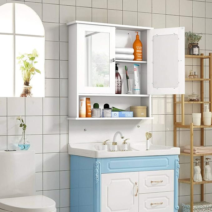 Tangkula Bathroom Medicine Cabinet with Mirror, Wall Mounted Wooden Hanging Organizer with Doors and Shelves, Bathroom Wall Mirror Cabinet (Mirror Doors, White)