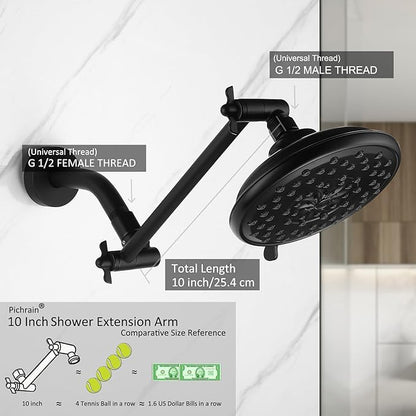 Shower Extension Arm for Rain Showerheads, Angle & Height Adjustable, Universal Connector, Easy to Install - Matte Black, 10 Inch
