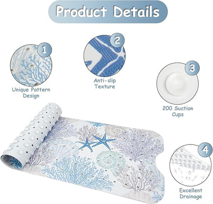 Bathtub Mat Non Slip, Extra Long Bath tub Mat Shower Floor Mat with Suction Cups and Drain Holes for Adults Kids Elderly 40 X 16 Inch