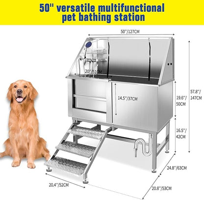 50 Inch Stainless Steel Dog Washing Station, Professional Grooming Tub with Stairs for Large Dogs, Home Bathtub for Pets with Hot & Cold Faucet